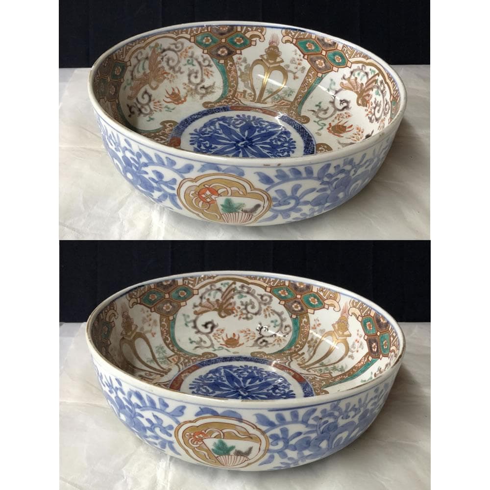 きなこ　e3001 古伊万里 色絵 鉢 径22cm 二重高台