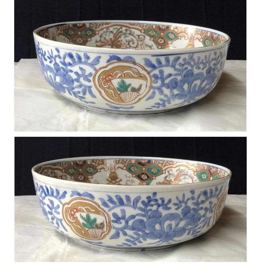 きなこ　e3001 古伊万里 色絵 鉢 径22cm 二重高台