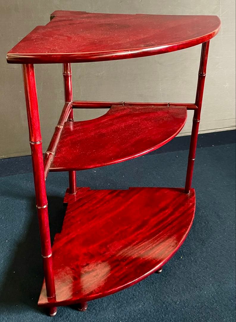 【美品】「祖」 唐木 扇面 竹節 三重棚 煎茶飾り棚 茶棚 紙箱 (27あ①)