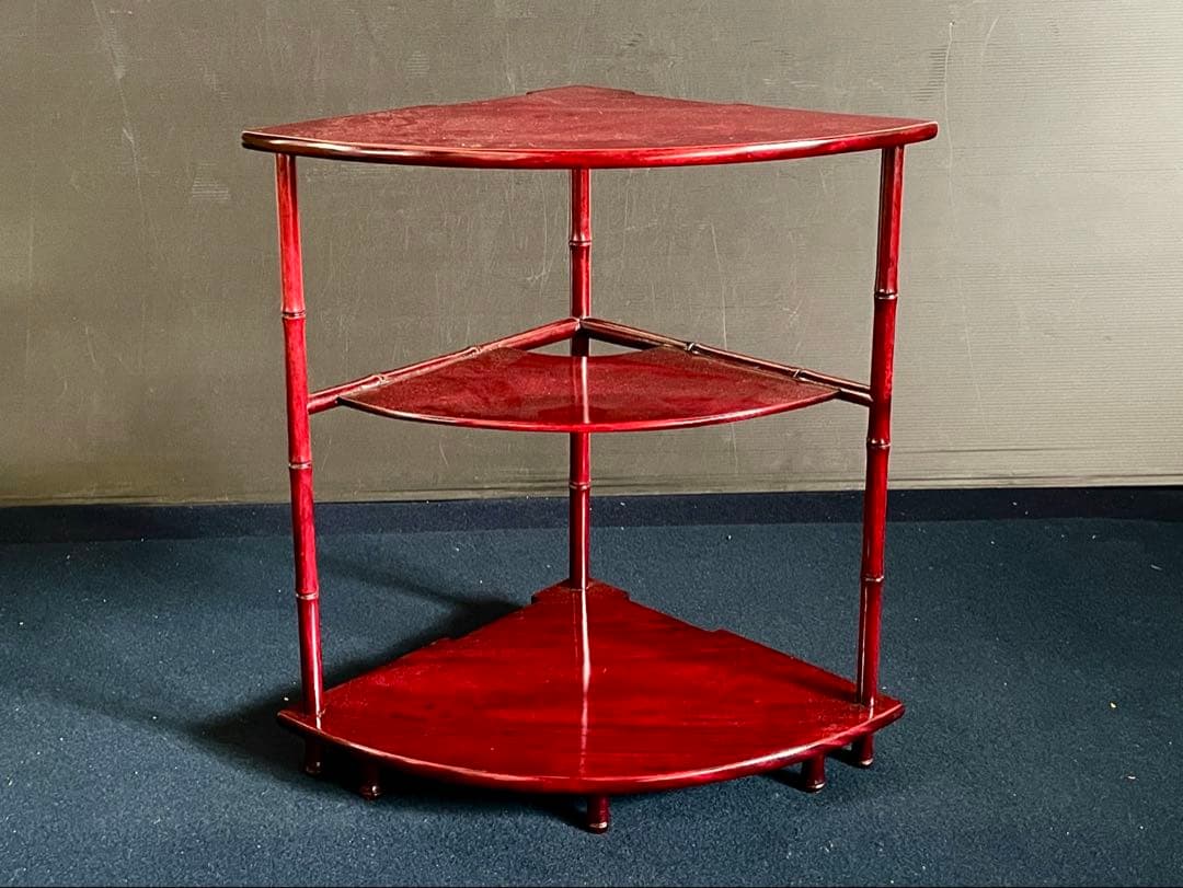 【美品】「祖」 唐木 扇面 竹節 三重棚 煎茶飾り棚 茶棚 紙箱 (27あ①)