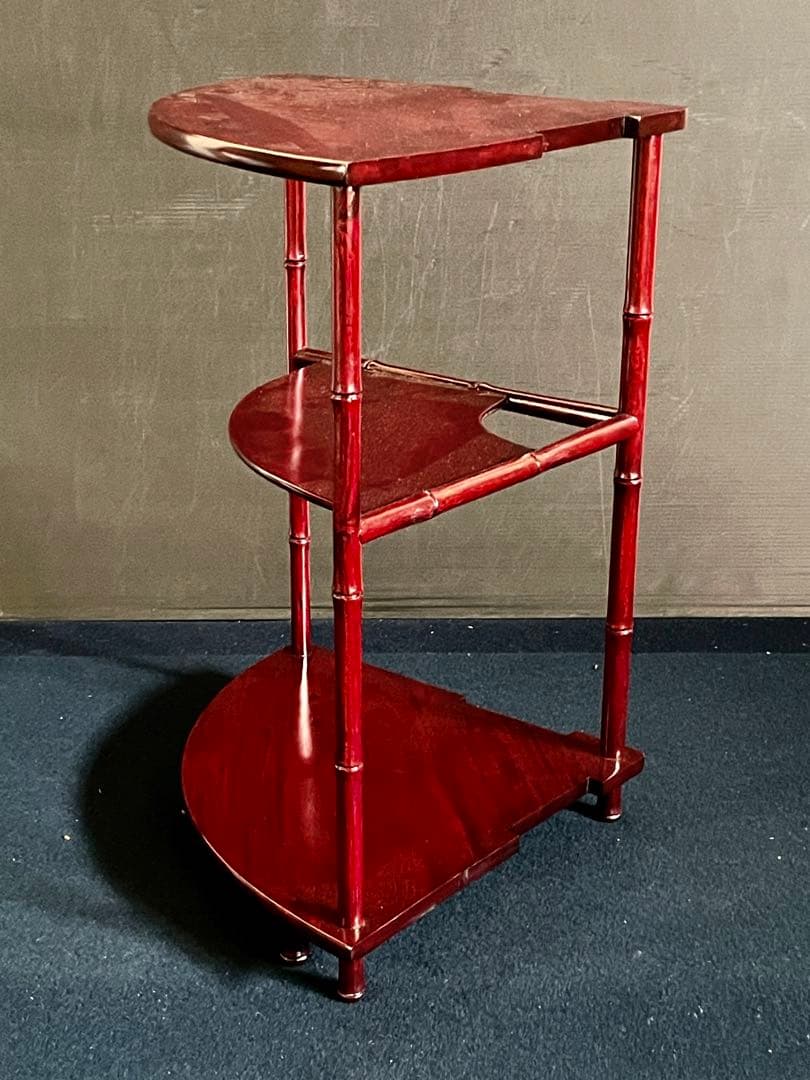 【美品】「祖」 唐木 扇面 竹節 三重棚 煎茶飾り棚 茶棚 紙箱 (27あ①)