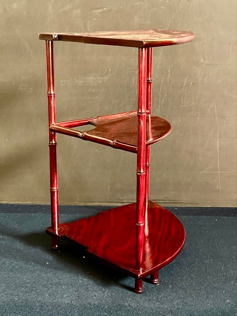 【美品】「祖」 唐木 扇面 竹節 三重棚 煎茶飾り棚 茶棚 紙箱 (27あ①)