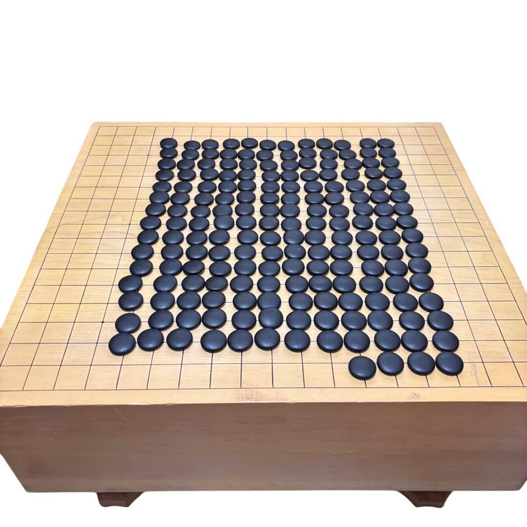 蛤碁石＆那智黒／ガラス碁石セット 脚付き碁盤＋碁笥4個　天地柾　一式まとめ売り