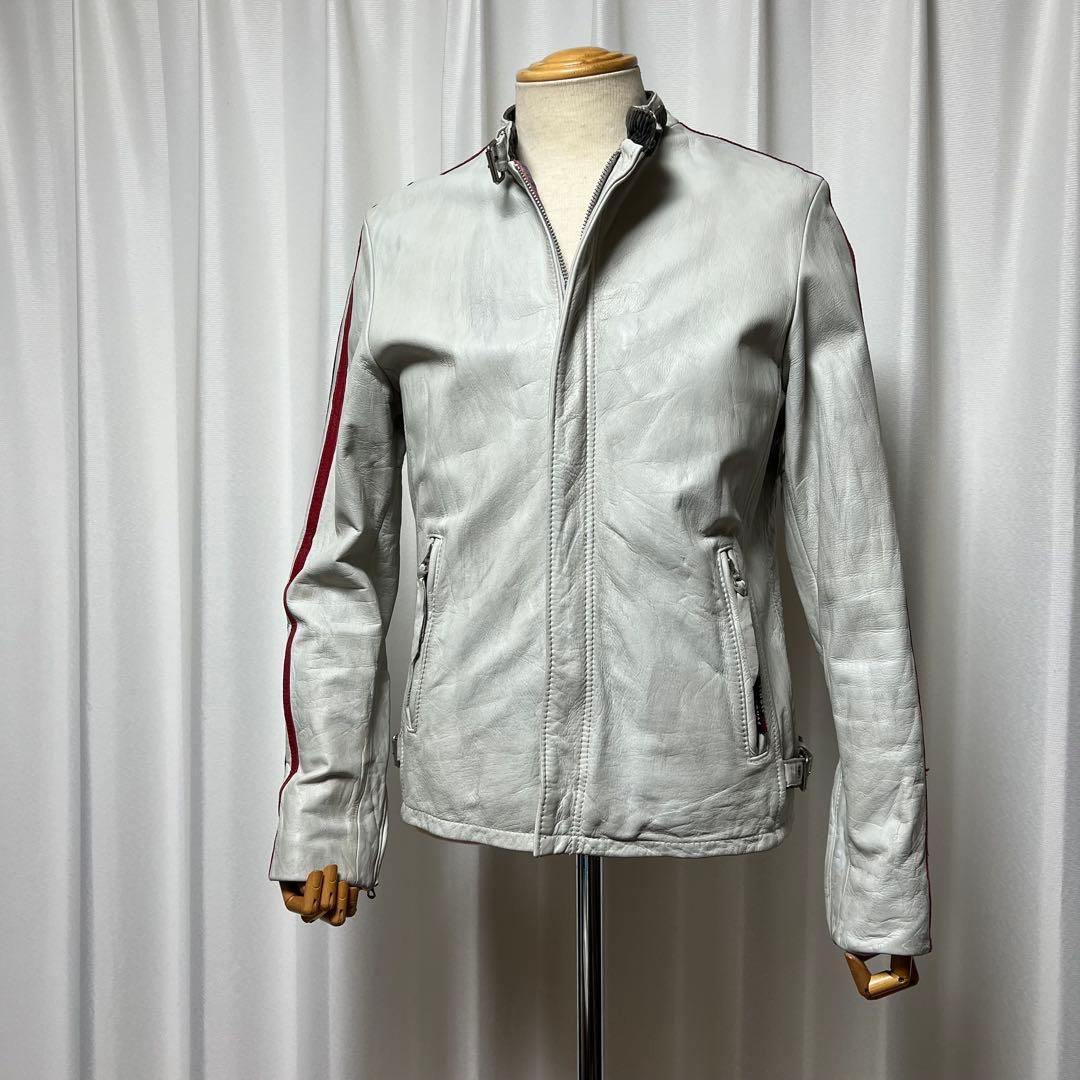 Schottクラッシックレーサー　シングルライダース　白地に袖青赤2本線　牛革M