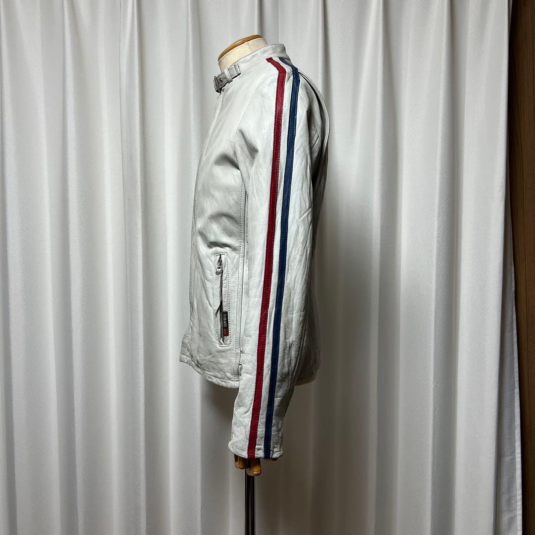 Schottクラッシックレーサー　シングルライダース　白地に袖青赤2本線　牛革M