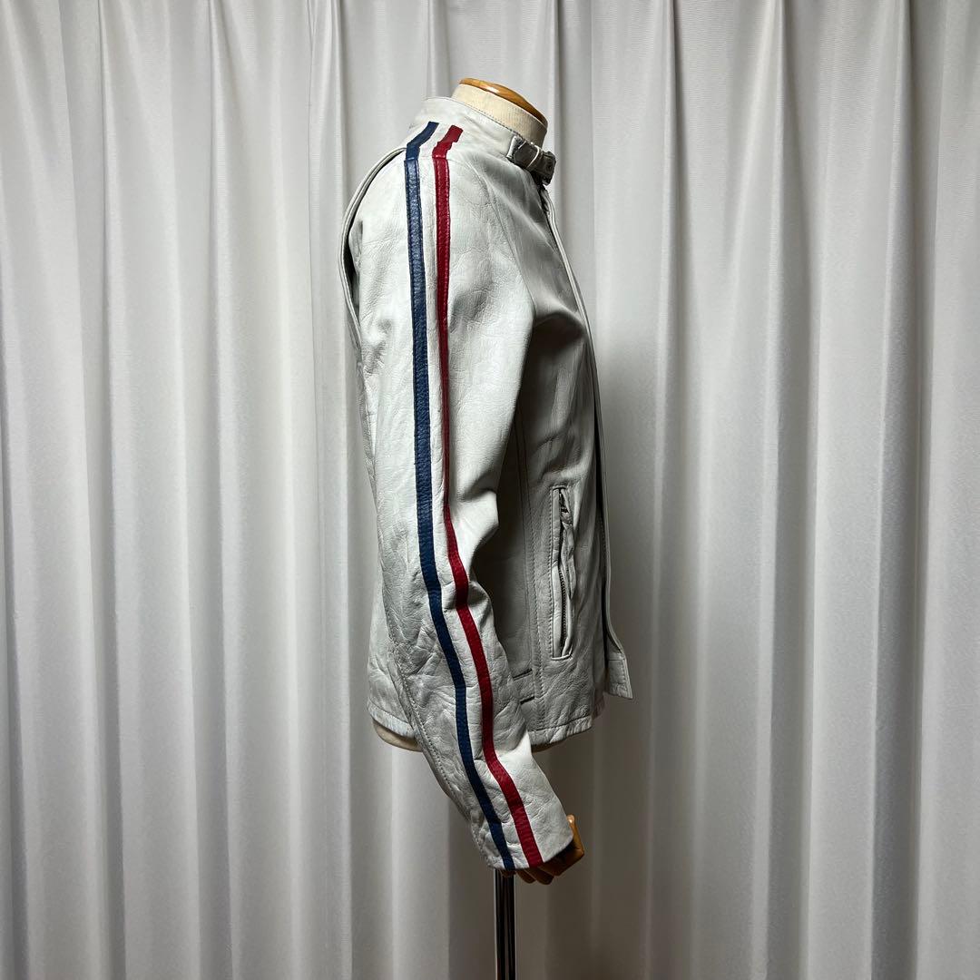 Schottクラッシックレーサー　シングルライダース　白地に袖青赤2本線　牛革M