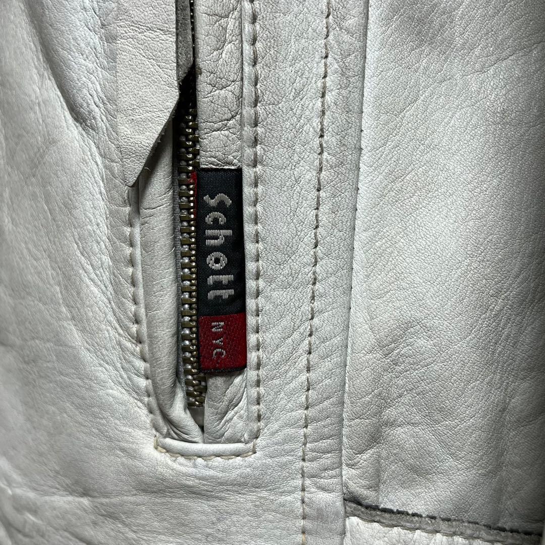 Schottクラッシックレーサー　シングルライダース　白地に袖青赤2本線　牛革M