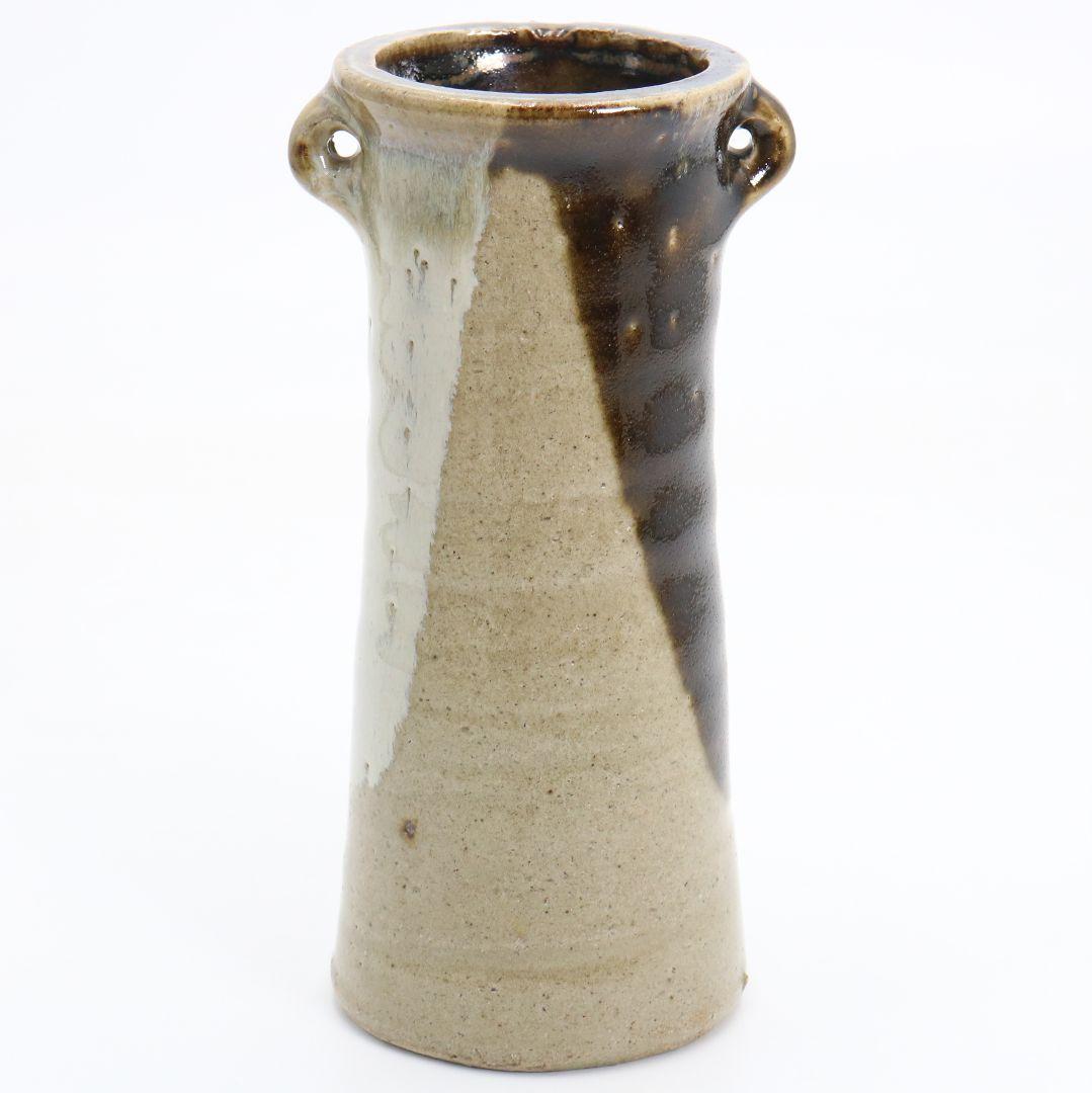 人間国宝 浜田庄司作 益子焼 掛分耳付花生 花瓶 尚美堂箱 共箱共布　V962