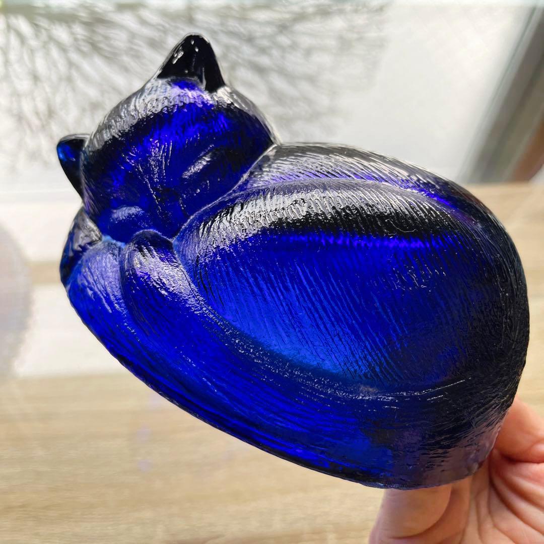 骨董　時代ガラス　希少　瑠璃色ガラス　眠り猫モチーフ　蓋物　菓子瓶　キャニスター