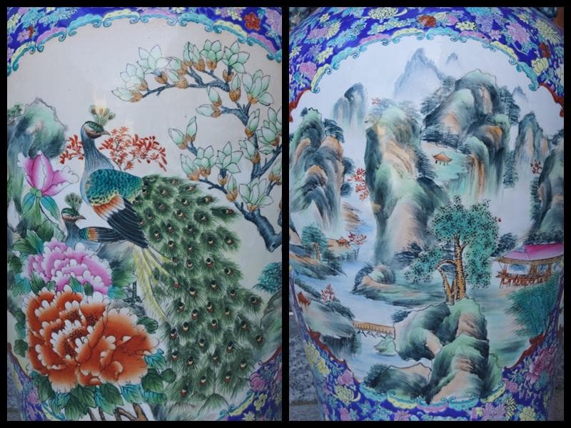 超特大型 景徳鎮製 粉彩色絵窓絵『山水風景孔雀牡丹祥瑞文』飾り壺花瓶高79cm