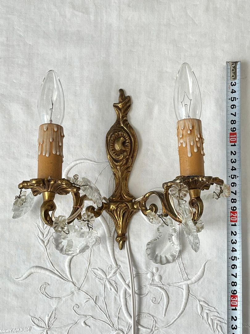 【美品】フランスアンティーク クリスタルドロップ 2灯ブラケット[3026]