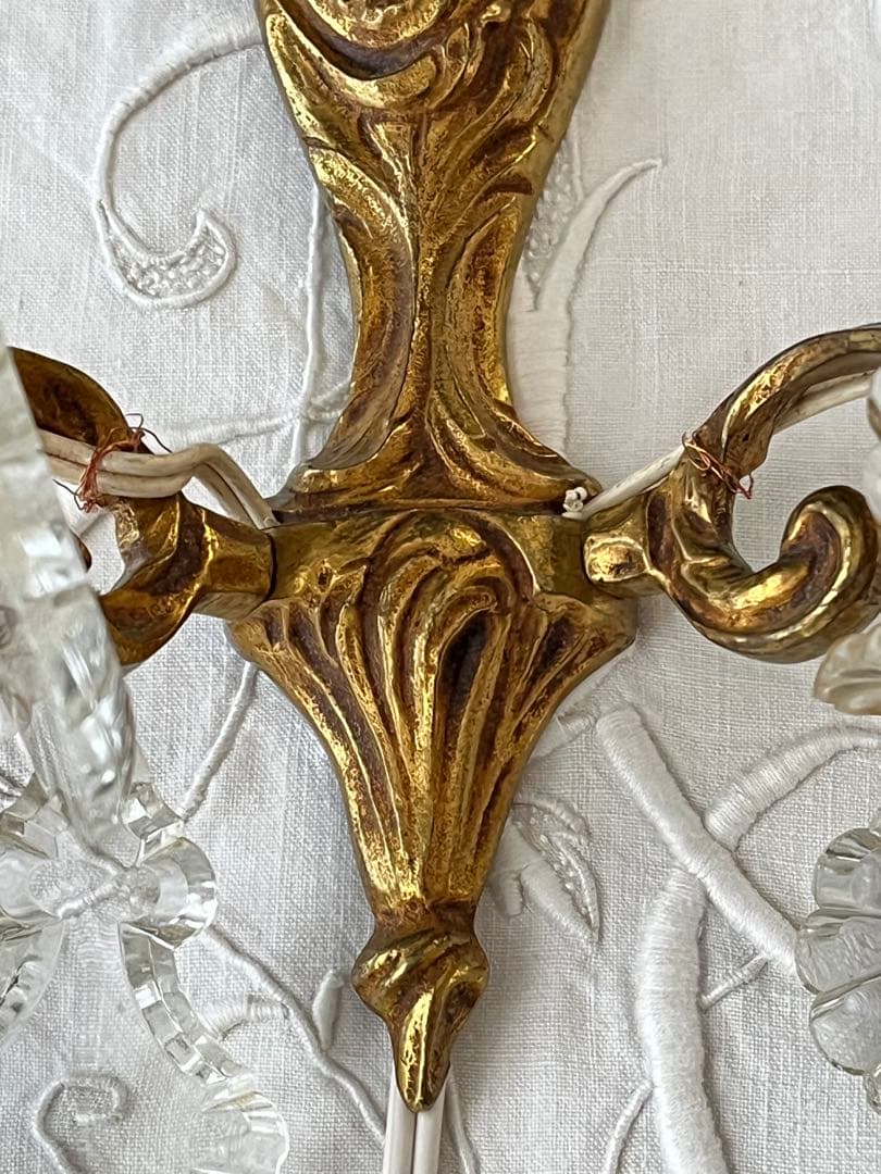 【美品】フランスアンティーク クリスタルドロップ 2灯ブラケット[3026]