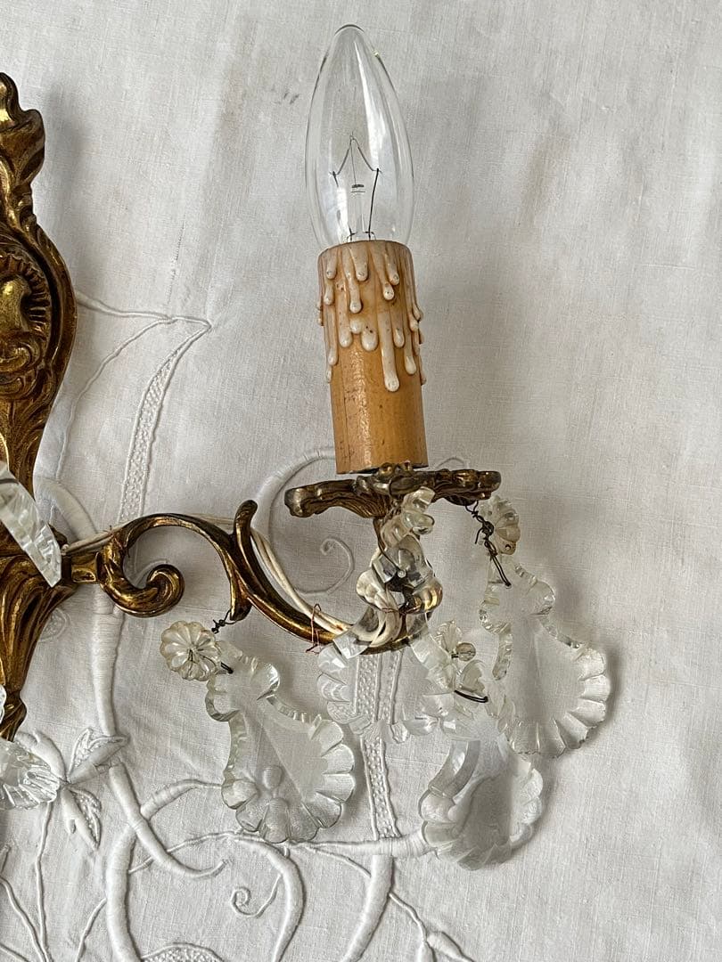 【美品】フランスアンティーク クリスタルドロップ 2灯ブラケット[3026]