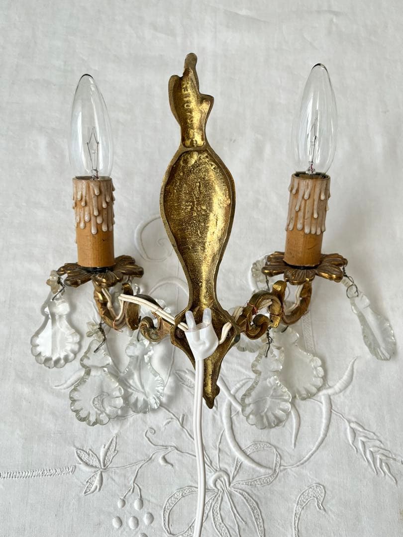 【美品】フランスアンティーク クリスタルドロップ 2灯ブラケット[3026]
