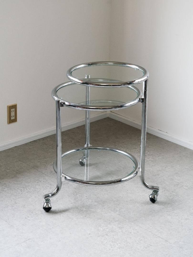 ヴィンテージ　3段 ガラスラウンドテーブル　ワゴン　ミッドセンチュリー　モダン