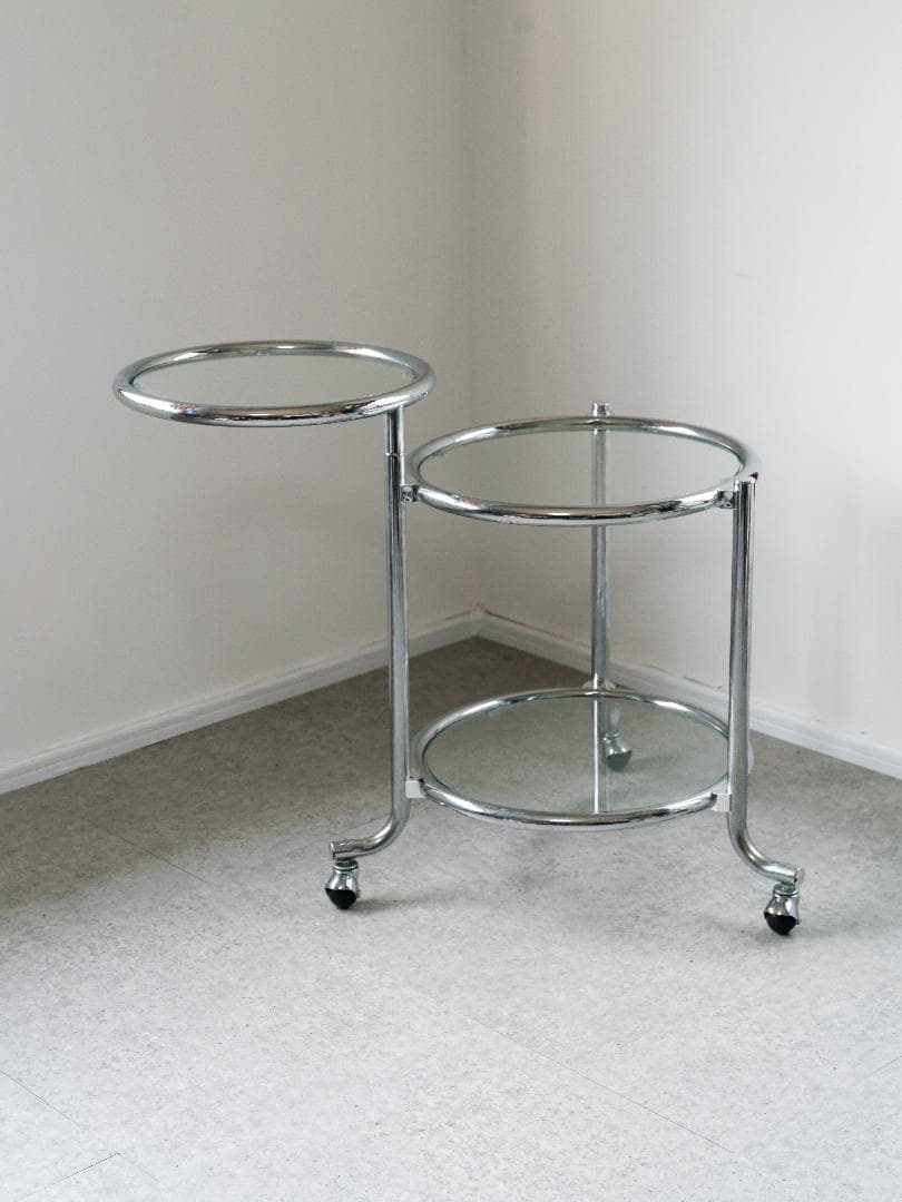 ヴィンテージ　3段 ガラスラウンドテーブル　ワゴン　ミッドセンチュリー　モダン