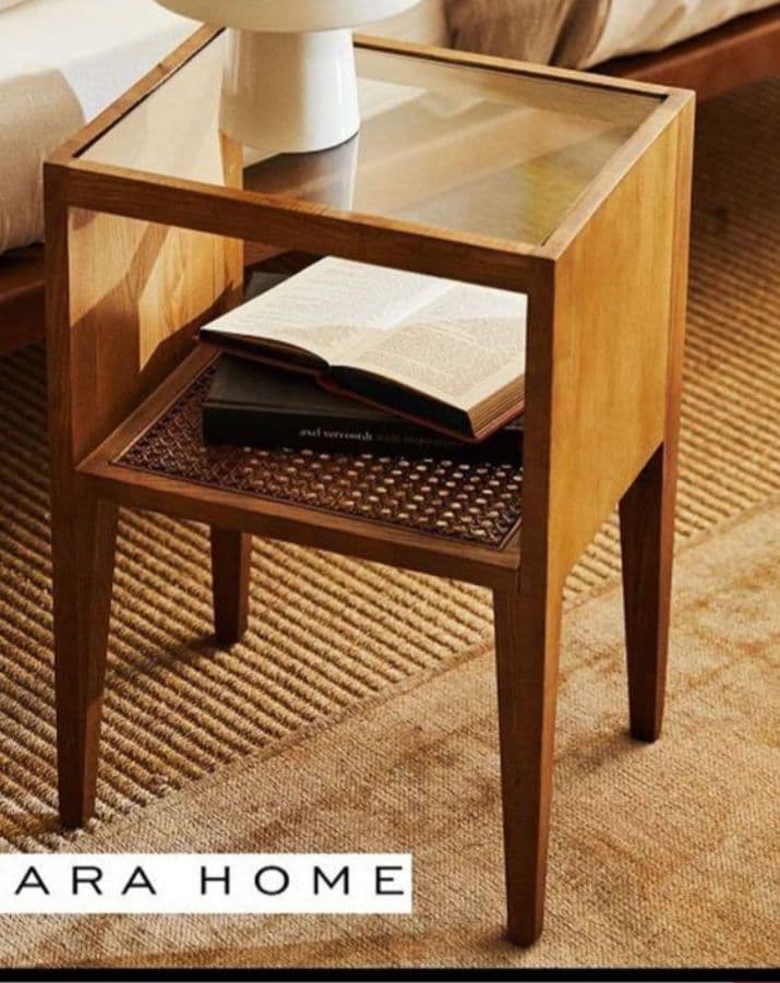 【ZARA  ザラホーム】サイドテーブル　ガラス×ラタン×ウッド