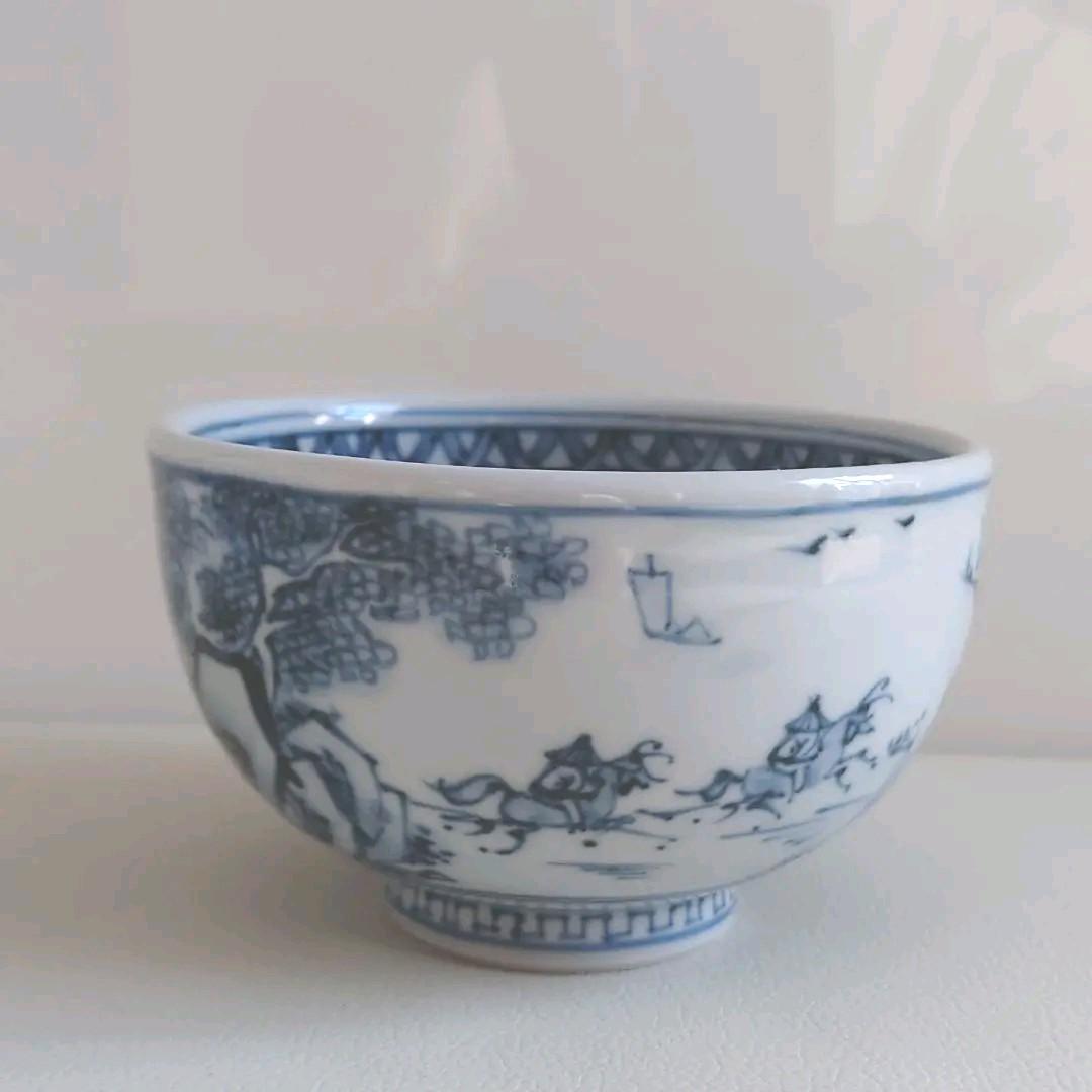 茶道具　鹿背山焼　楽土窯　福田翔作　山水染付　茶碗　共箱