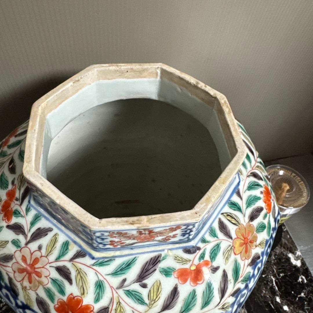 江戸中期、寛政。古伊万里、色絵、面取り大壺、慈照庵、永竹、極。　共箱桐、四方箋。