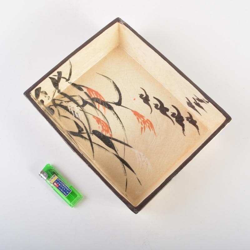 大東製陶　色絵草鳥文　四方鉢　共布　時代箱付　C　6677