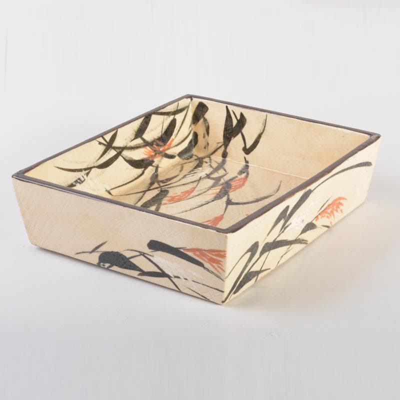 大東製陶　色絵草鳥文　四方鉢　共布　時代箱付　C　6677