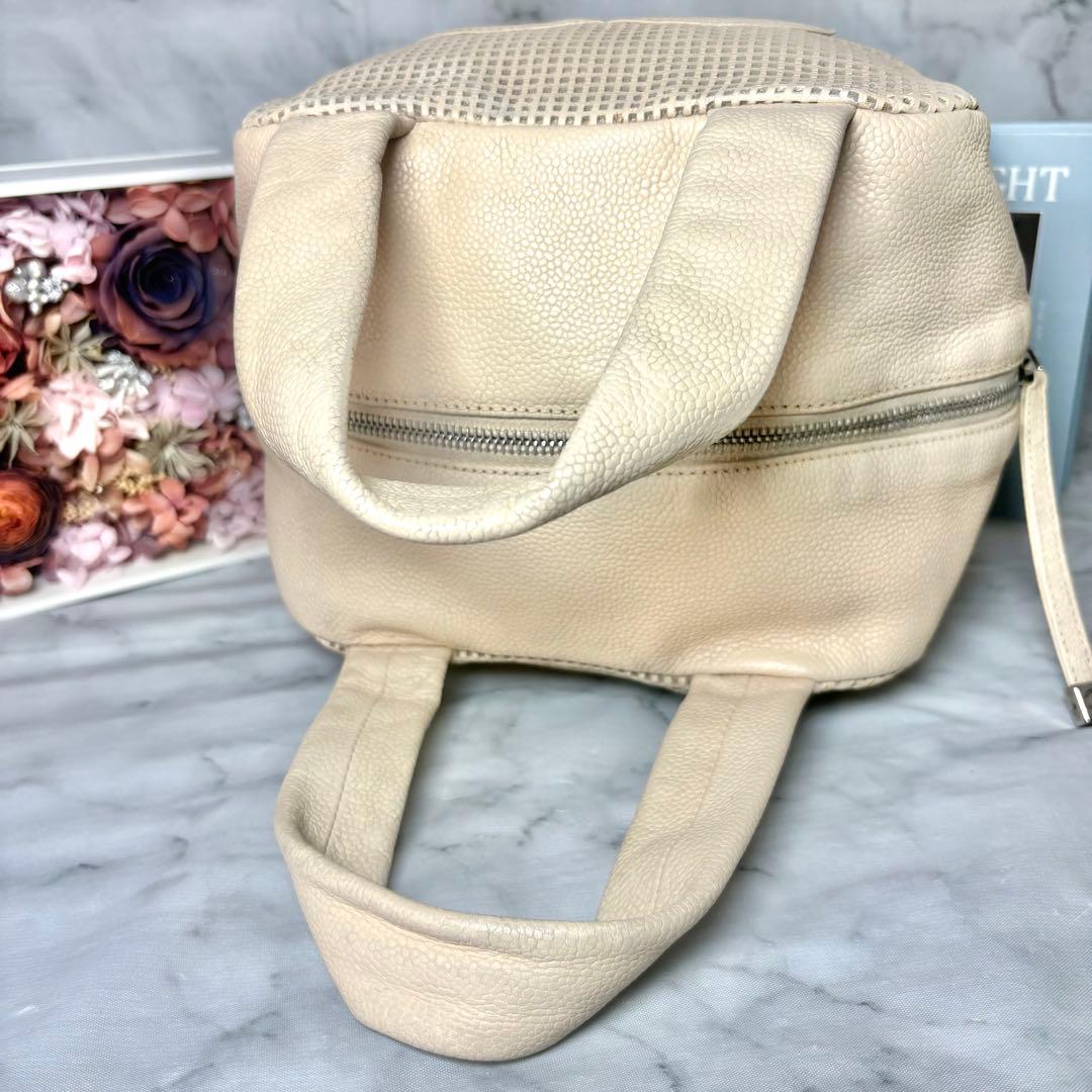 10万→♡シャネル パンチング ハンドバッグ ベージュ キャビアスキン デカココ