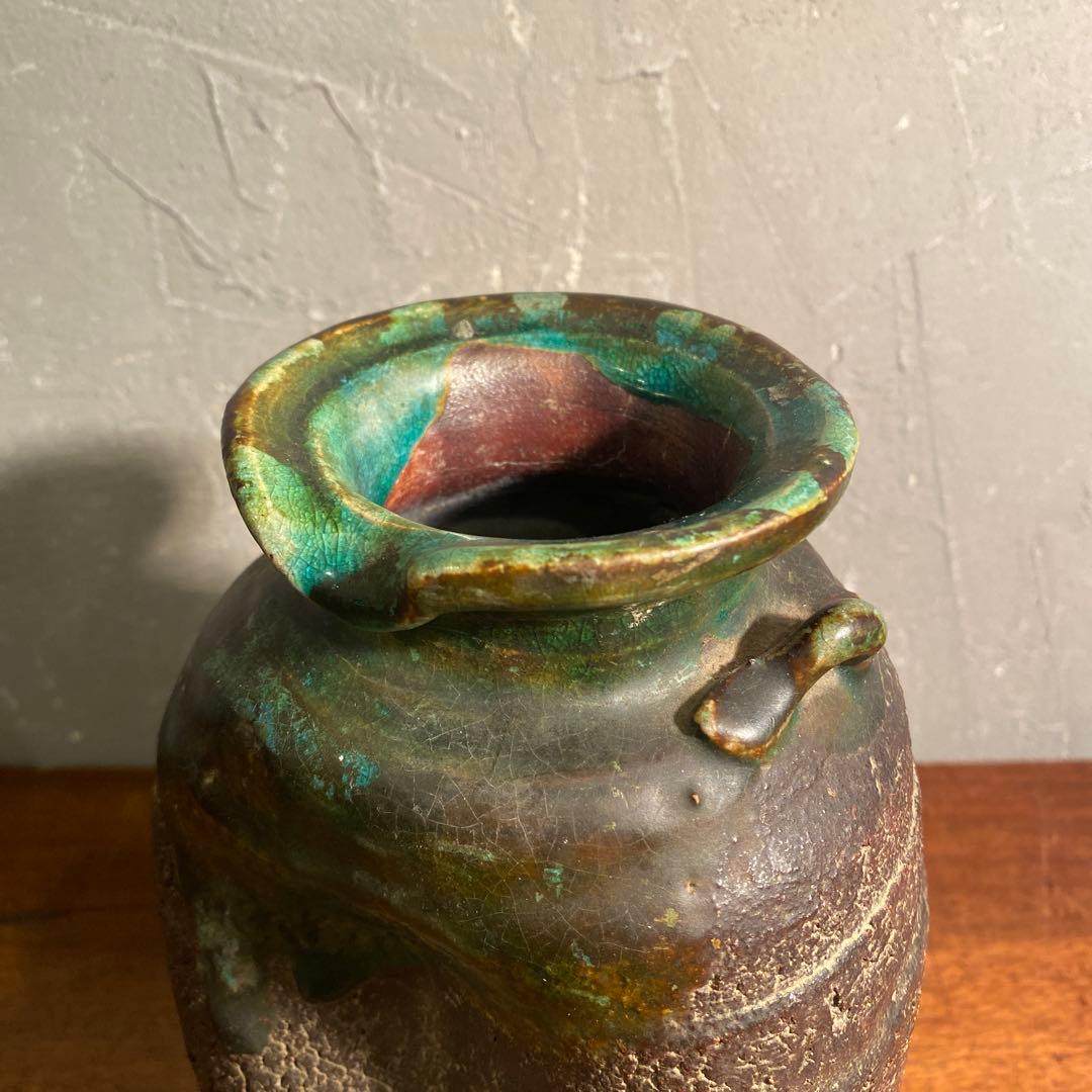 信楽焼 古仙堂 緑釉双耳花入 花瓶 花器 骨董品 時代物 インテリア