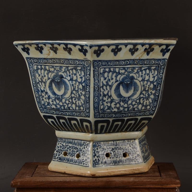 青花磁器六方鉢 盆栽鉢 中国鉢 植木鉢 多肉植物鉢 小品盆栽鉢 山野草鉢