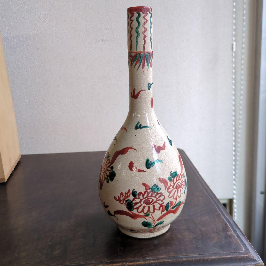 骨董 木米造 花瓶 鶴首 赤絵 花入 茶道具 茶道 陶器 木箱