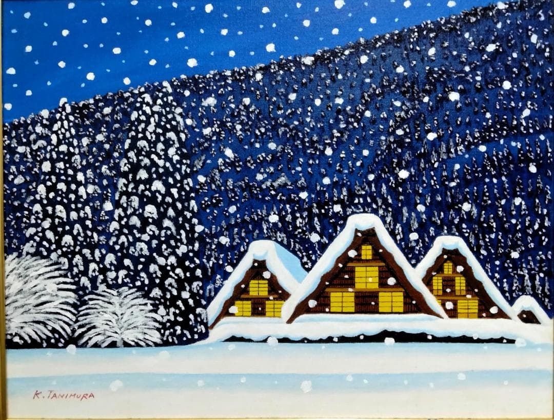 ★雪降る夜の白川郷・肉筆油彩画・F6キャンバス