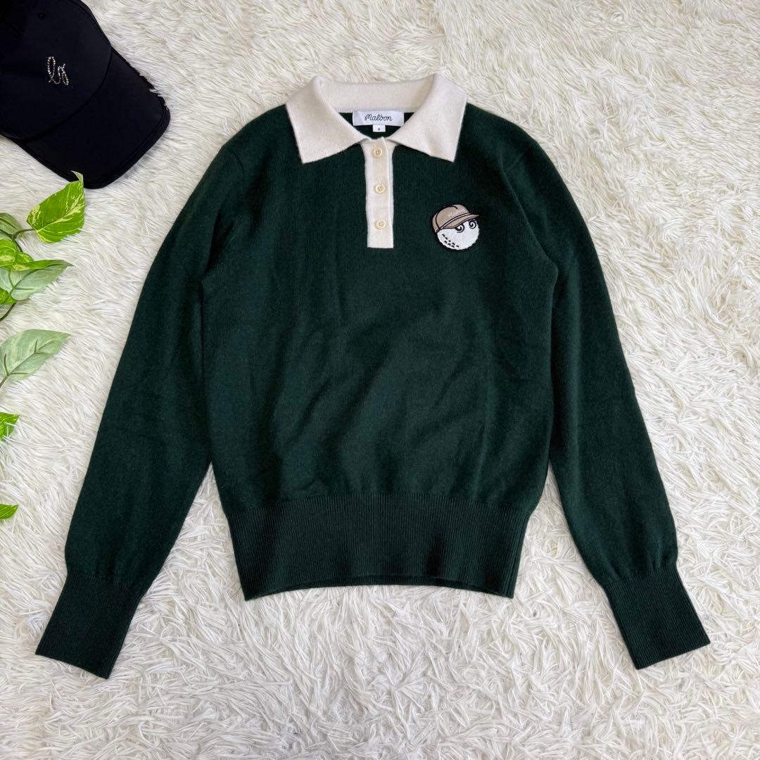【マルボンゴルフ】美品 ポロシャツ グリーン ワッペン カシミヤ S レディース