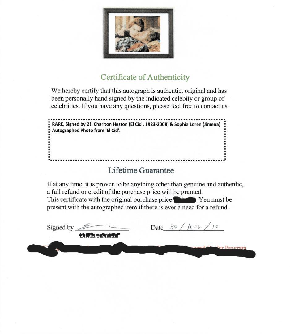 永遠のスター「チャールトン・ヘストン」「ソフィア・ローレン」サインポートレート