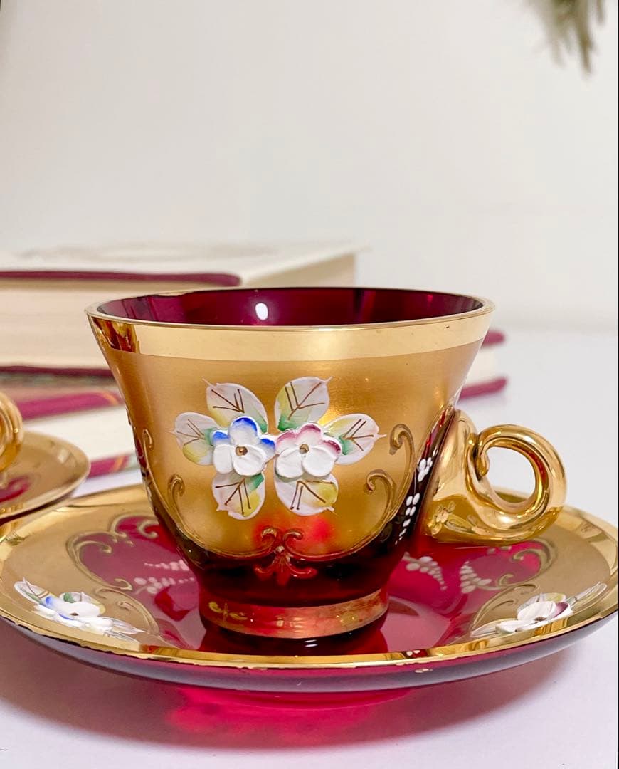 ラグーナ・ムラノ・グラス ヴェネチアガラス 赤 金彩 金盛 カップソーサー