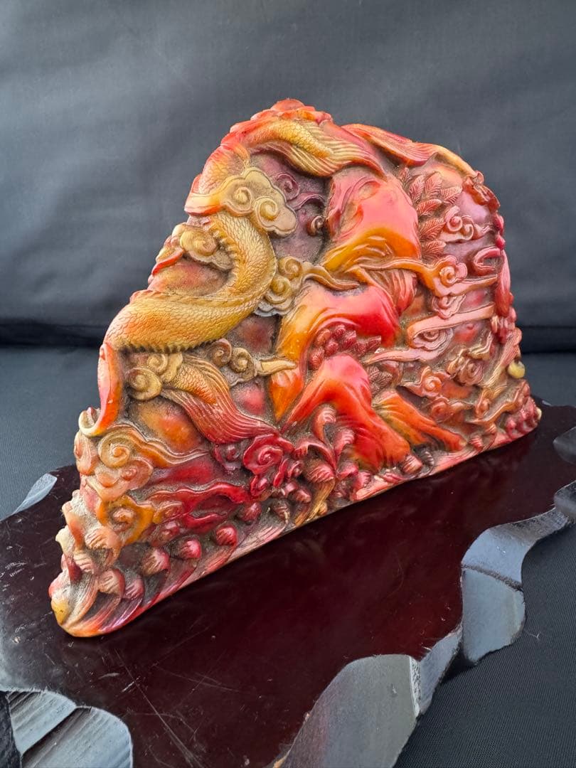 石材彫 龍 彫刻 置物 台座 魔除　風水 開運 金運 骨董 美術 アンティーク