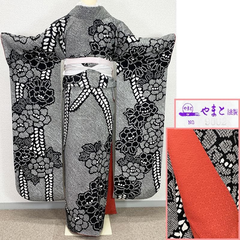507z7☆きものやまと誂製 振袖 総絞り 古典柄牡丹 黒☆美品 成人式 結婚式