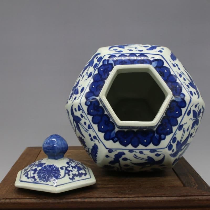 清乾隆青花花鳥六方蓋缶 砂糖缶 景徳鎮 陶磁器 装飾品 現代工芸品美術品 置物