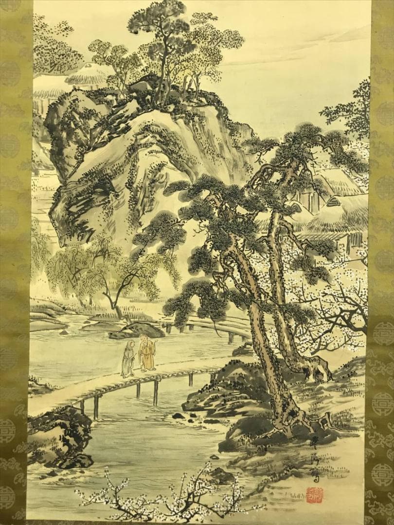 作者不詳/梅花山水図/山水図/春景山水図/掛軸☆宝船☆AD-453