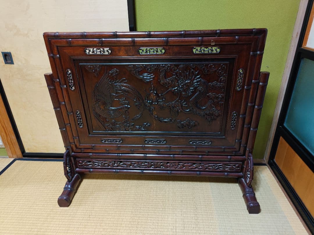 中国美術 衝立 花鳥画 両面 唐木 花梨 雀 時代 仕切り 工芸品 細工 美術品