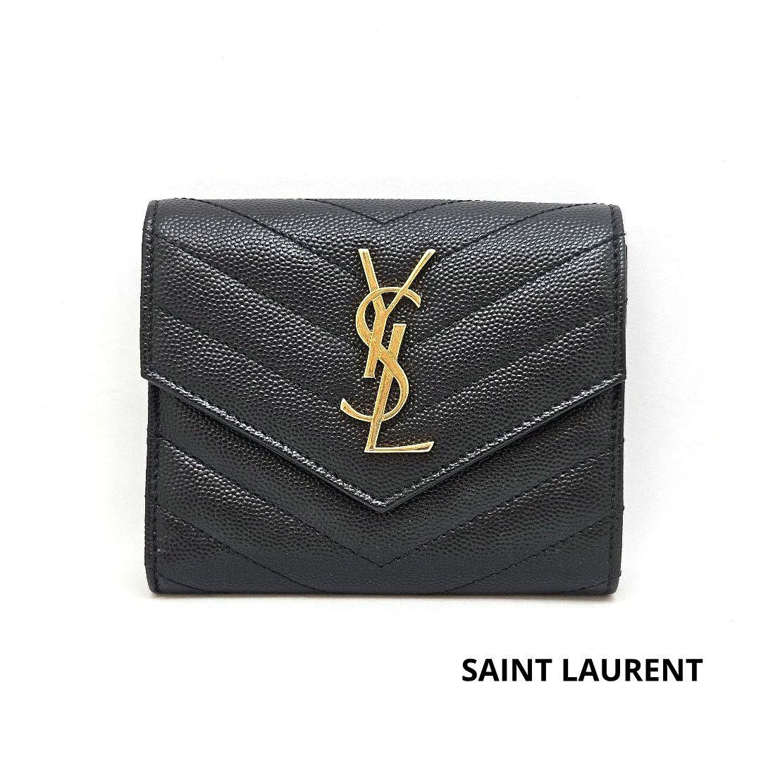 サンローラン 三つ折り財布 キャビアスキン カサンドラ Vステッチ