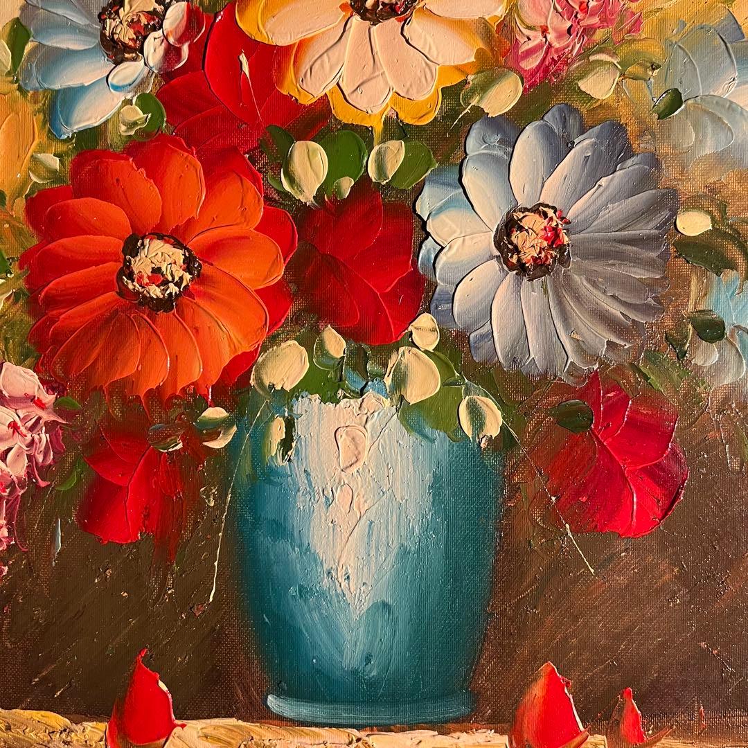 （大）手描き油絵 ３枚組 花瓶の花 額付 額付き 絵画 インテリア 油彩画