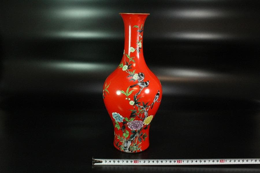 中国美術 珊瑚釉 花鳥 瓶 高34cm 雍正年製(K-LC201)