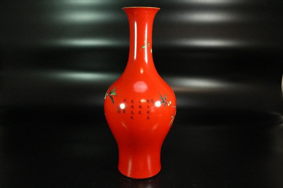 中国美術 珊瑚釉 花鳥 瓶 高34cm 雍正年製(K-LC201)