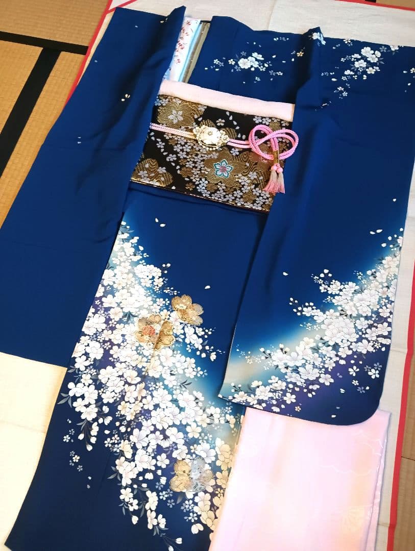 ロイヤルブルー 桜尽くし　金彩技法　振袖フルセット　美品　丈160 裄66