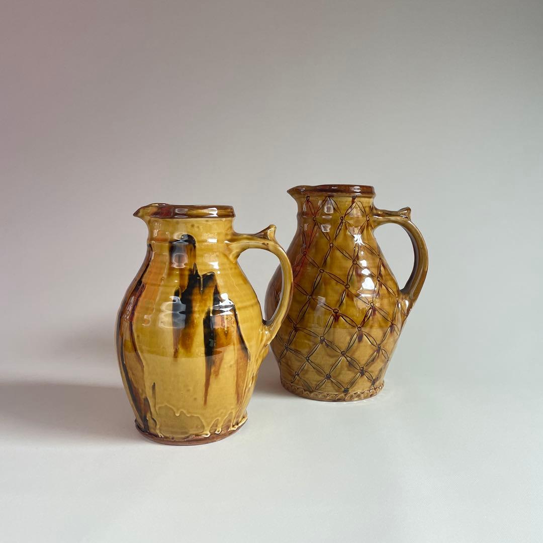 民藝 湯町窯 布志名焼 黄釉 手付水差し ピッチャー