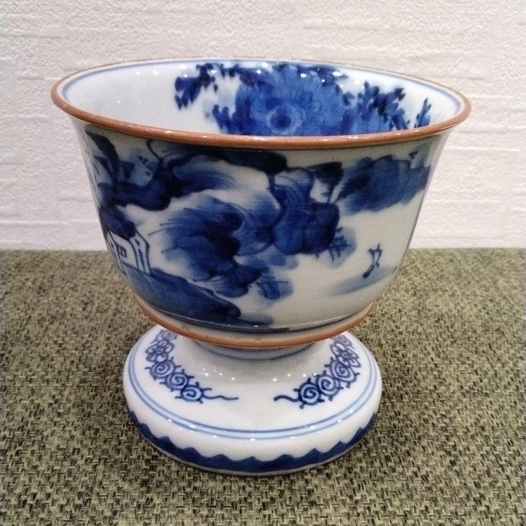 Ⅿ260-4 江戸時代 古伊万里 染付山水花弦文盃洗