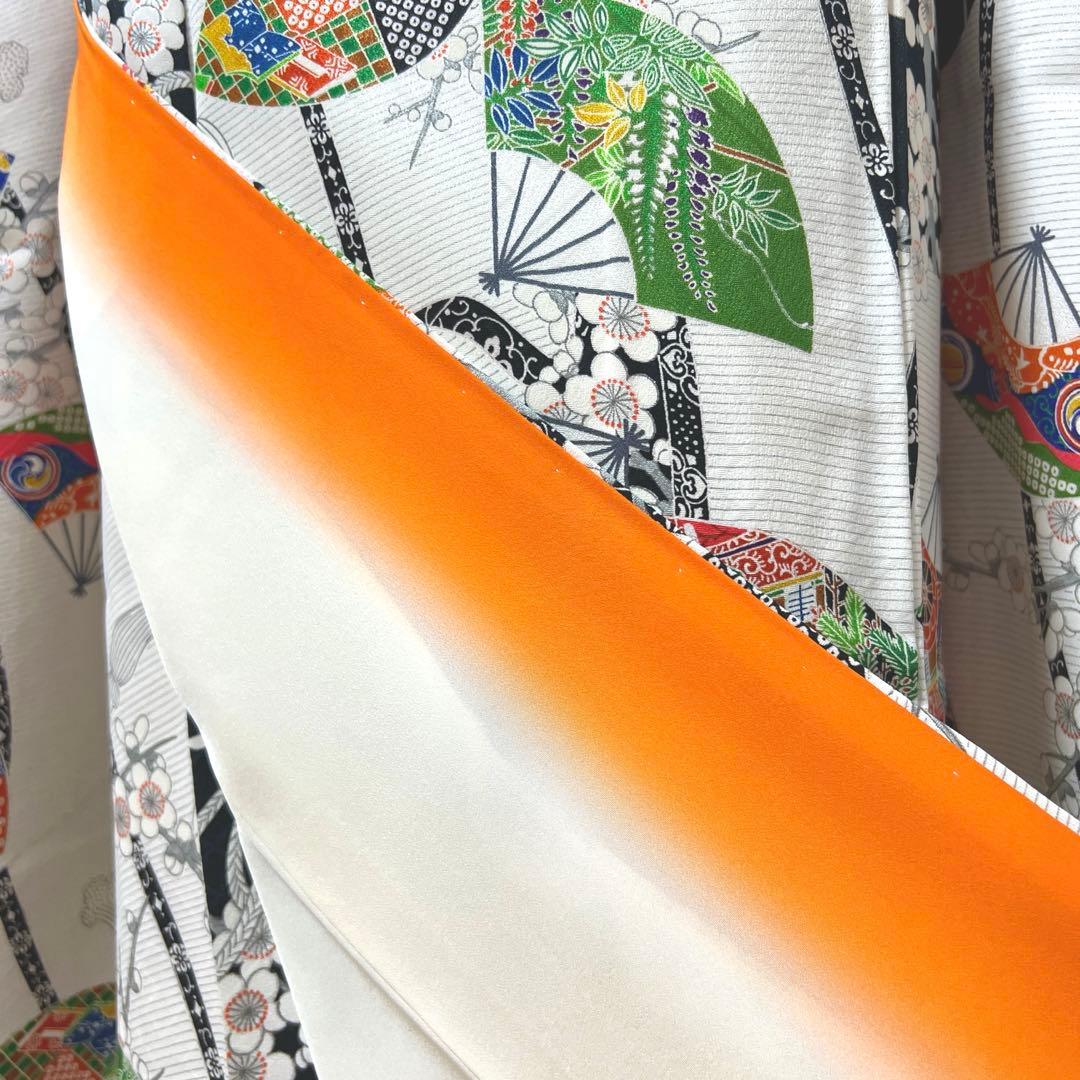 462 振袖フルセット 正絹 白 オフホワイト 小紋 扇面 梅 レトロ カラフル