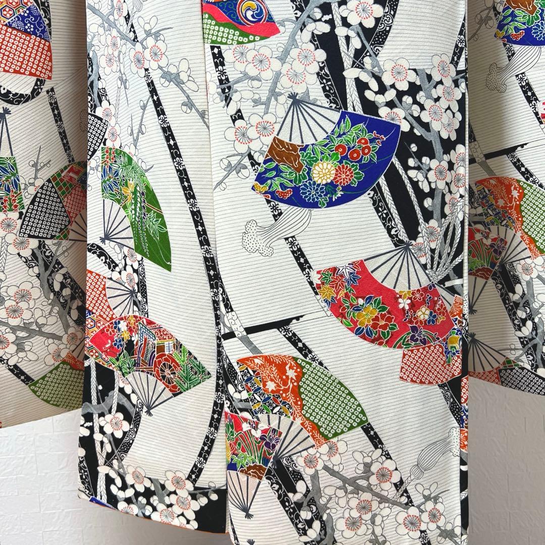 462 振袖フルセット 正絹 白 オフホワイト 小紋 扇面 梅 レトロ カラフル