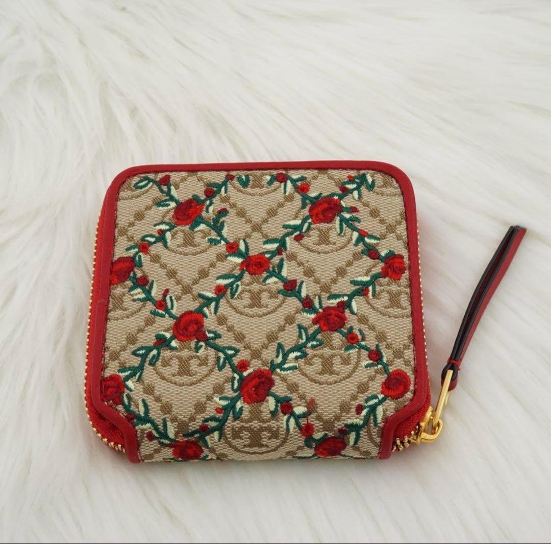 新品同様、ほぼ未使用 、箱付き TORY BURCH 折り財布 花柄 レッド