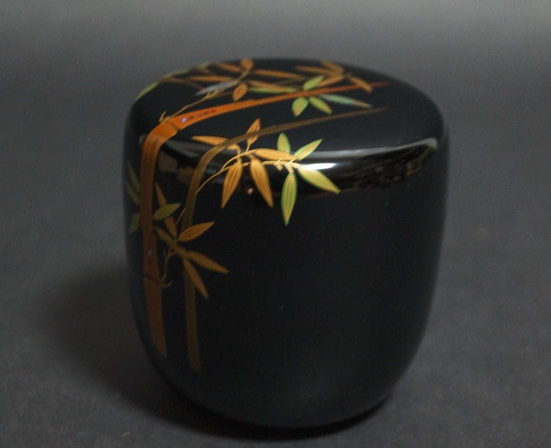 輪島塗 蒔絵師 茶平一斎 作 利休棗 金蒔絵青貝螺鈿象嵌『竹』木製漆塗り棗 共箱