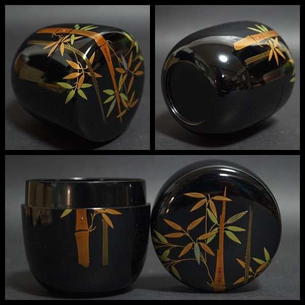 輪島塗 蒔絵師 茶平一斎 作 利休棗 金蒔絵青貝螺鈿象嵌『竹』木製漆塗り棗 共箱